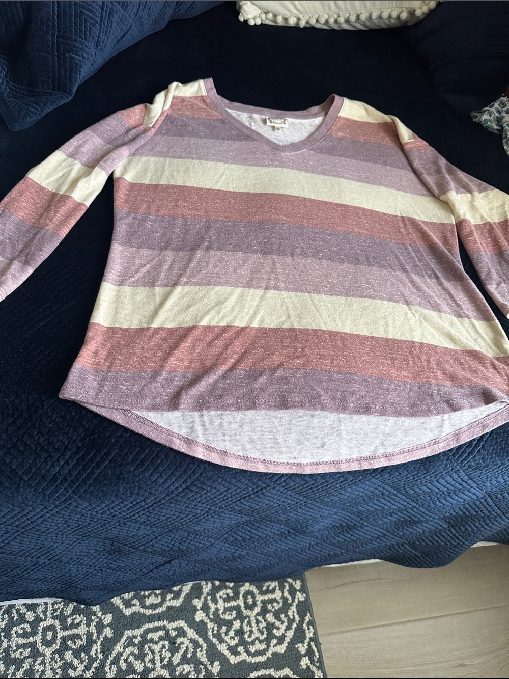 Striped V-Neck Long Sleeve Top in Cream and Dusty Rose